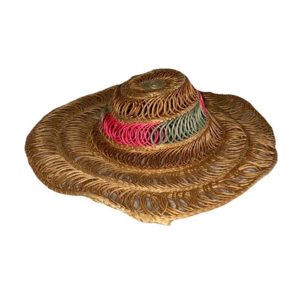 Raffia Hat Women's S Tan Pink Green Open Weave Handmade Beach Tropical 54 cm NEW